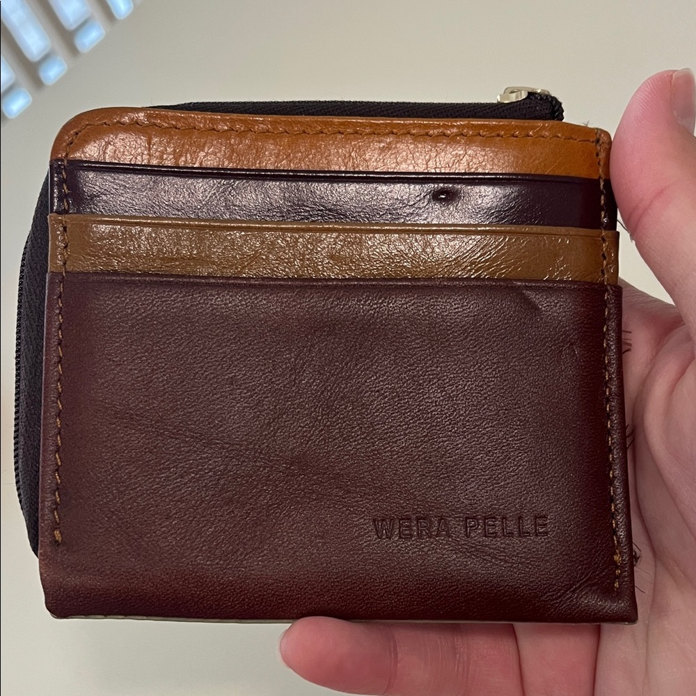 Wera Pelle Leather Zip Card Wallet in Brown & Tan
